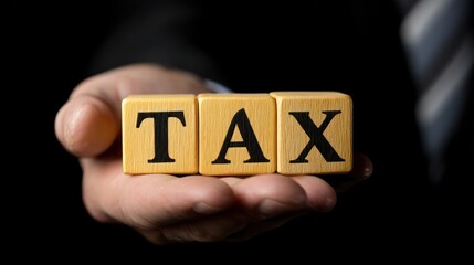 Hand holding wooden blocks spelling tax during financial planning session in office setting