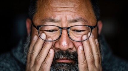 Man with glasses shows signs of concern while resting his hands on his face indoors