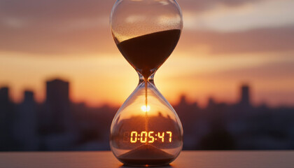 Hourglass with digital timer on a rooftop at sunset, symbolizing time passing