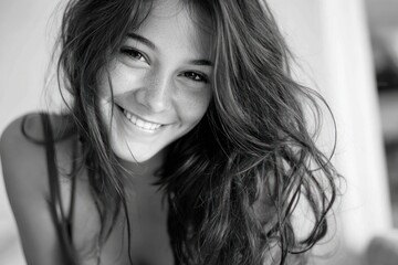 Young woman smiles brightly while posing indoors during daytime