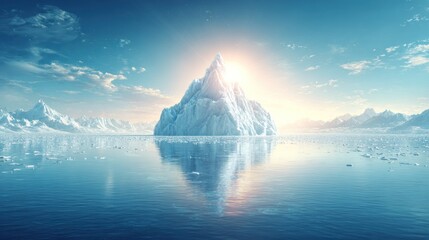 Iceberg floats in a calm sea with sunlight shining and mountains in the background