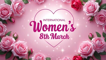 International womens day greeting card with pink roses on pink background