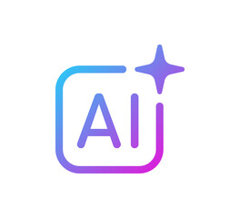 AI star rectangle icon. Artificial intelligence symbol. Gradient blue purple digital AI robot sign. Magic star smart assistant. Modern design element. Vector illustration isolated on white background.