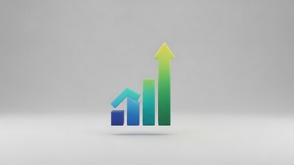 A 3d business graph with a green arrow shows financial growth and market success on a white background as a bar chart illustration of increasing sales data and stock profit