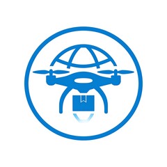 A blue drone icon carrying a package within a circle, representing global delivery