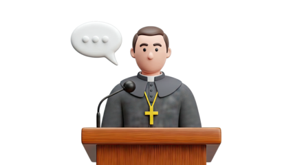 Cartoon priest speaking at a podium with a speech bubble