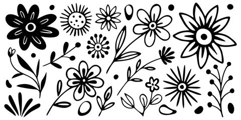 Hand drawn plant elements, flowers and leaves, isolated on white background, vector design