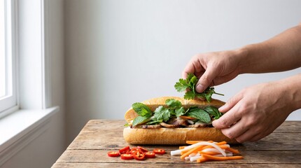 Delicious Vietnamese banh mi sandwich being prepared with fresh herbs