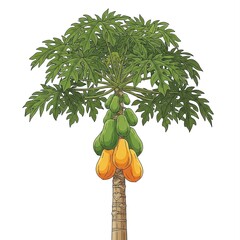 Papaya tree with green and orange fruits papaya fruit