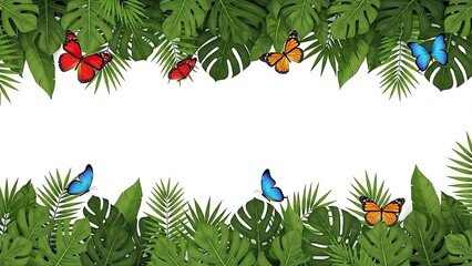 Tropical leaves and colorful butterflies border jungle foliage
