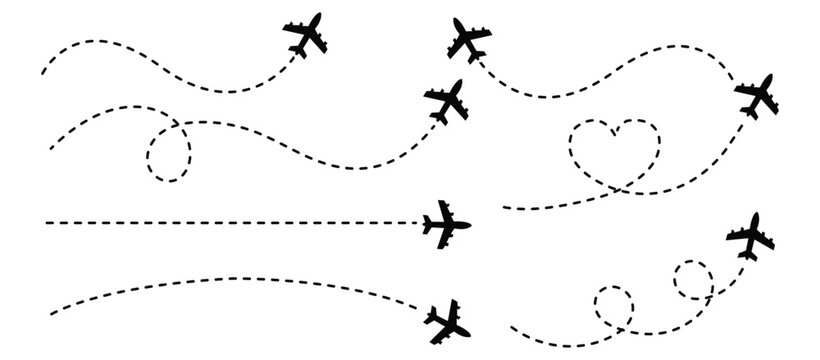 Airplane route with dotted flight path. Flying plane symbol with twisted, curved, straight and heart shape dashed trace path. Transparent png and vector illustration.