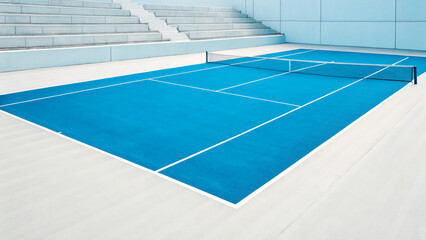 Obraz premium Bright blue tennis court in a sports facility with empty stands during day