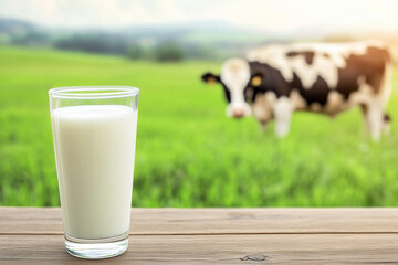 Glass of fresh milk placed on a wooden porch railing with a cow standing in a green grassy field in the background. This rural farm scene captures freshness, simplicity, and natural dairy production, 