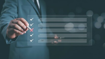 Business professional interacting with a checklist interface on a transparent display