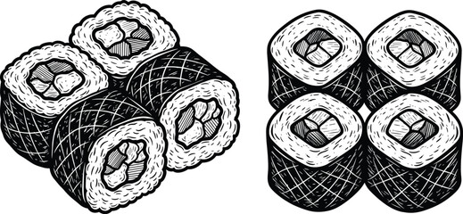 Sushi rolls vector illustration, Japanese maki sushi and nori rolls set, black and white hand drawn food design, traditional cuisine artwork © MstNur