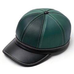 Green Leather Baseball Cap with Black Visor Isolated on White Background.