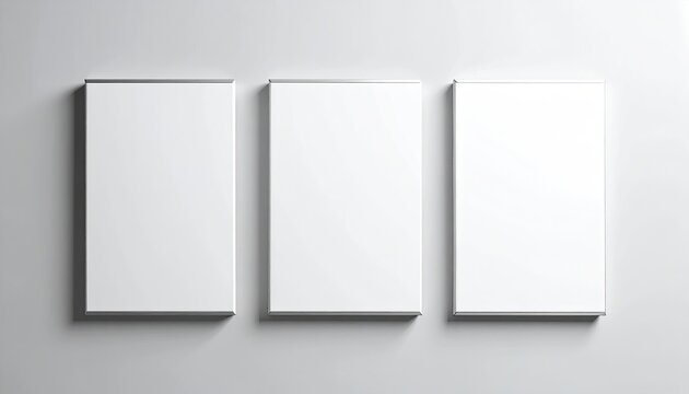 Three blank white rectangular frames against a white wall, minimal aesthetic