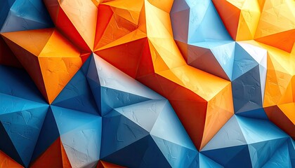 Abstract textured geometric pattern with blue, orange, and white triangular facets