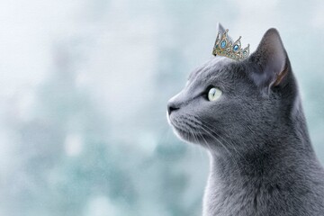 a grey cat wearing an antique crown, watercolor and ink painting, blue background