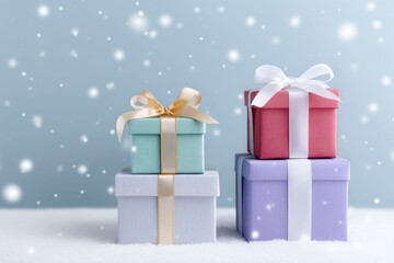 colorful christmas gifts in the snow on a blue background with copy space, snowing