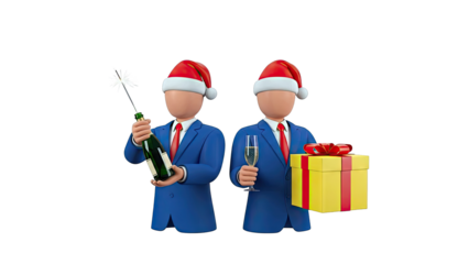Two men in suits and Santa hats celebrating with champagne and a gift
