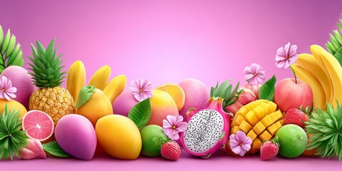 Vibrant Tropical Fruit Flat Lay with Colorful Mangoes and Detailed Floral Accents