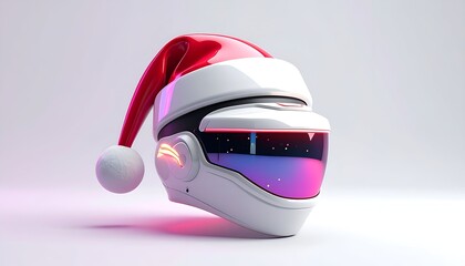 Futuristic helmet merges with Santa hat on clean white background