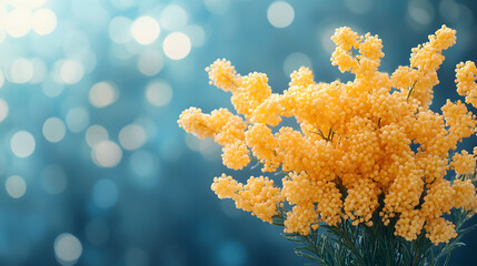 Bright yellow flowers bloom against a blurred blue background during springtime morning