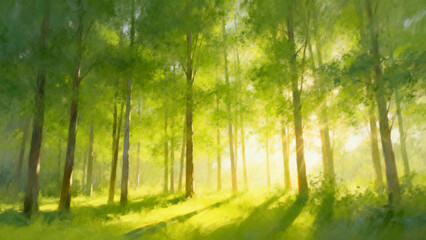 Sunlight filtering through tall trees in a serene forest, casting soft shadows on the grassy ground