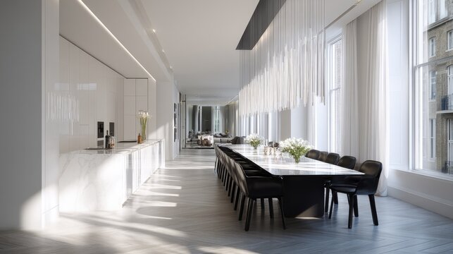 Elegant Modern Dining Room with Large Table and Stylish Decor in Bright Open Space