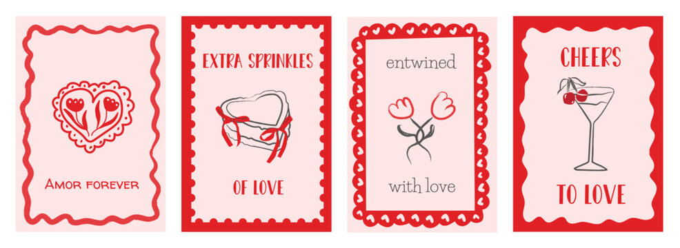 Valentine retro whimsical card set with playful hearts, cake, flowers and cocktails with fun love phrases. Cute postcards for romantic notes, anniversaries, weddings gifts. Vector illustration