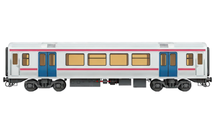 White and Red Passenger Train Car with Blue Doors