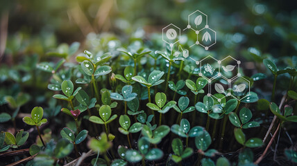 Sprouting green plants with water droplets and botanical icons