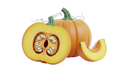 Whole and Cut Pumpkin with Seeds