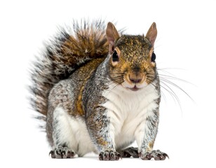 A close-up view of a bushy-tailed squirrel on a plain white backdrop