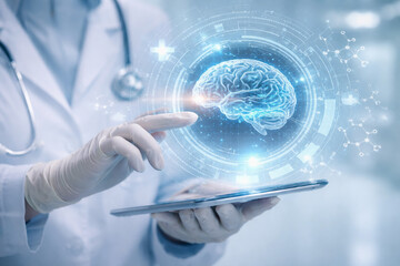 AI generated digital brain analysis with holographic neural interface medical data visualization and intelligent health technology for neuroscience research and future healthcare