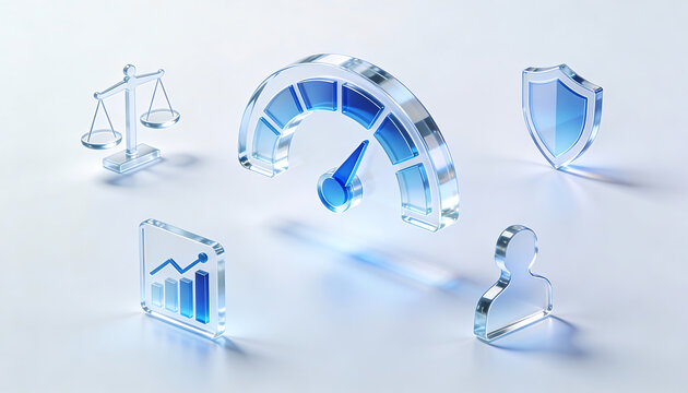 3d glass icons representing confidence score and system performance with glowing speedometer gauge scales of justice financial growth charts user profile and security shield