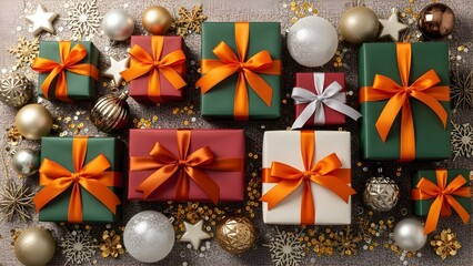 Colorful christmas presents with elegant ribbons and ornaments