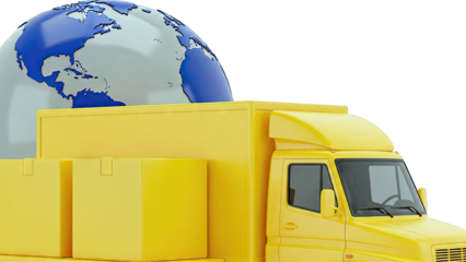Yellow Truck Carrying Globe and Boxes for Global Delivery