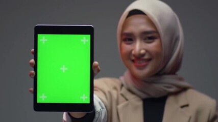 A smiling woman wearing a hijab holds up a tablet with a green screen. - Powered by Adobe