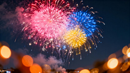 Colorful fireworks explode in the night sky, illuminating the darkness with vibrant red, blue, and yellow bursts.