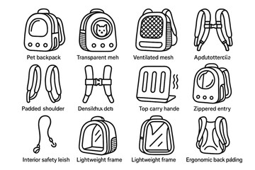 Vents icons ergonomic backpack pet vector entry padded leash carrier icon frame