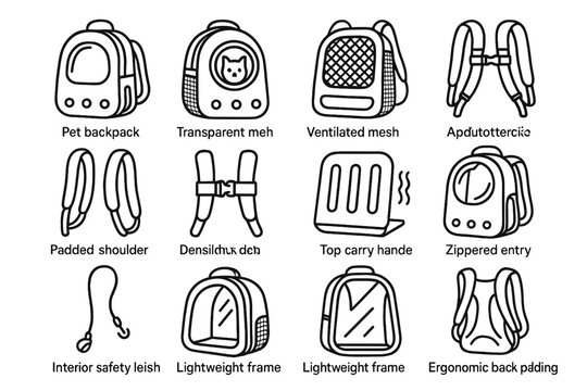 Vents icons ergonomic backpack pet vector entry padded leash carrier icon frame