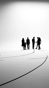 Silhouetted figures in motion a person on bike with passengers, walkers on a white background