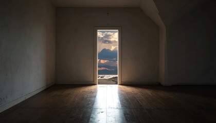Empty room with doorway framing a dramatic sunset over ocean