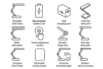 Workspace desk icon usb compact brightness accessory vector charging lamp arm rechargeable