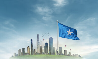 Somalia national flag waving with modern cityscape. A beautiful national flag poster. Somalia national flag for independence day.
