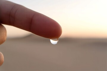 a single water droplet on finger with desert background. Water resource scarity