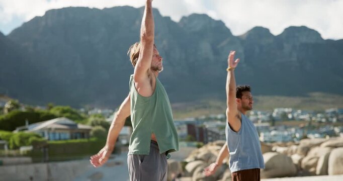 Warm up, swinging arms or men outdoor for fitness training, performance or health practice for workout. Friends, mobility exercise or people stretching to improve circulation, nature or getting ready