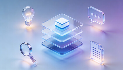 3d glass icons representing digital knowledge management and creative intelligence with a glowing layered data stack incandescent light bulb magnifying glass search tool and chat bubble